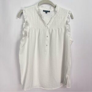 Adrianna Papell White v-neck Ruffle Blouse Button Up Sleeveless Sz Medium